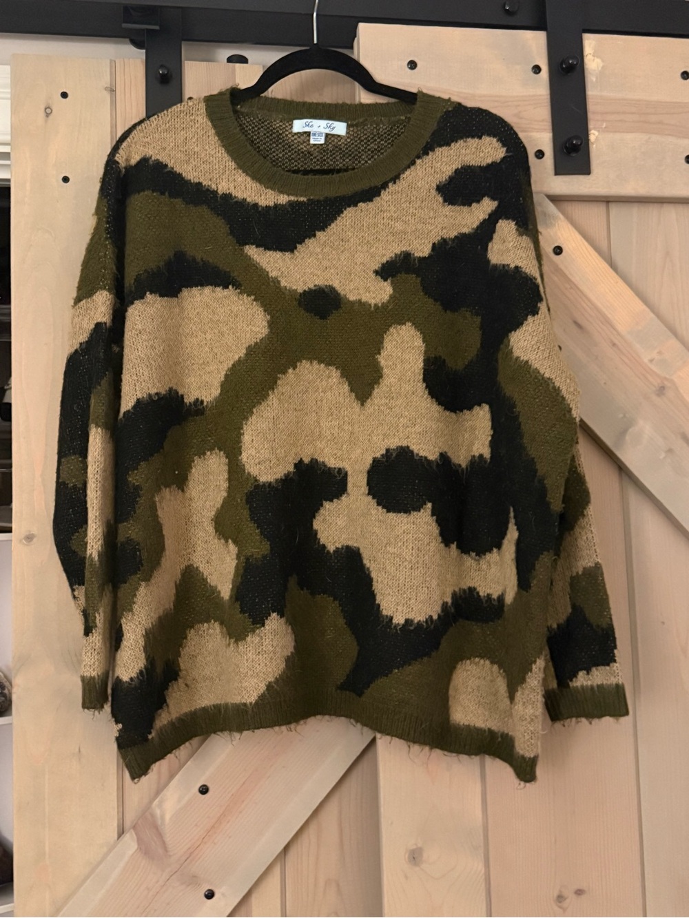 She + Sky Oversized Fuzzy Camouflage Crewneck Sweater
